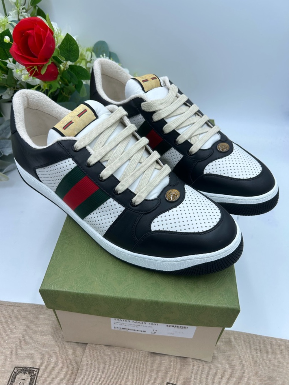 Men's Gucci screener low top leather black/white sneakers size 14 made in Italy